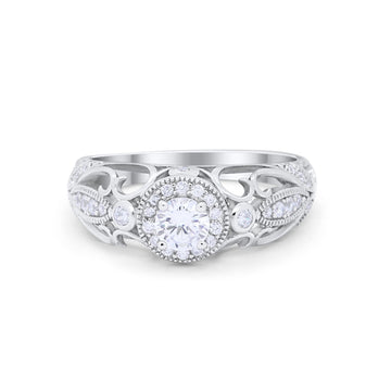 Filigree Engagement Ring Round Simulated Cubic Zirconia 925 Sterling Silver
